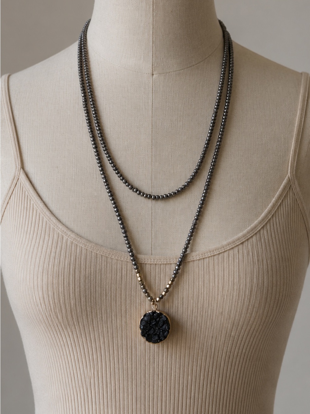 Layered Hematite Bead Necklace with Black Pendant new w/o tags fabulous piece